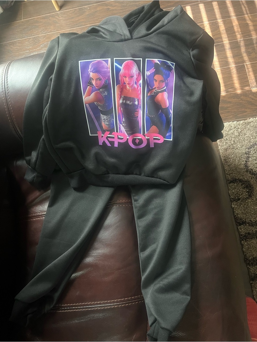 SHEIN Black Hoodie with Neon Pink & Purple K-Pop Girl Print
